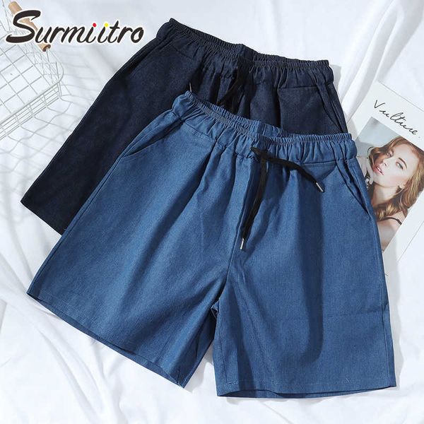 Surmiitro Moda Verão Verão Pé Azul Denim Capris Mulheres Estilo Coreano Cintura Alta Calças Calças Calças 210712