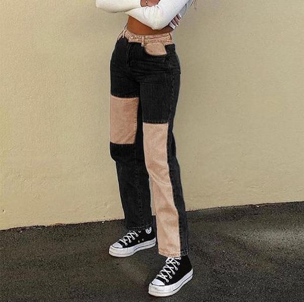 

women's jeans 2021 fashion patchwork skinny straight women high waist pocket color block street long gray denim trousers, Blue