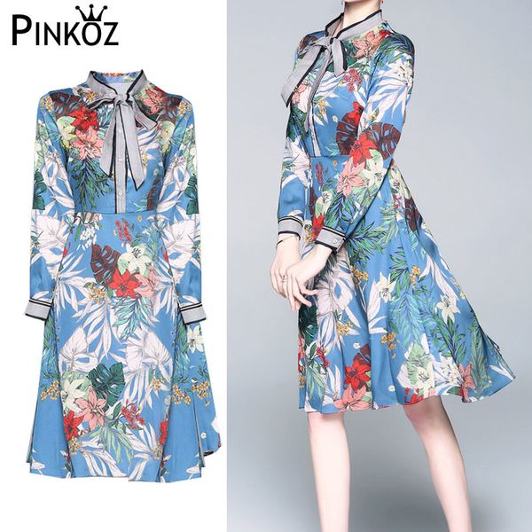 

blue knee length dress bow collar tropical floral printed long high waist a-line dresses for women chic vestidos 210421, Black;gray