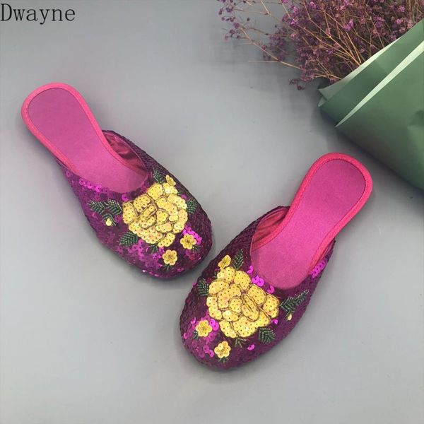 

slippers 2021 women's vintage ethnic embroidery silk satin sequin flat, Black