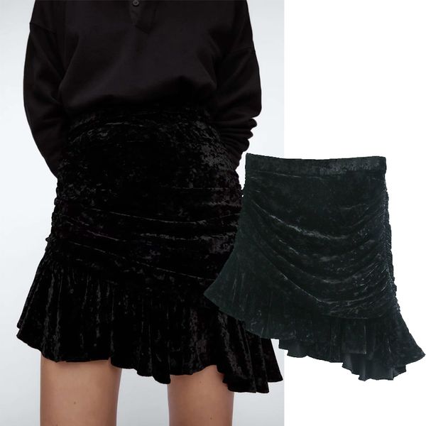 

casual dresses za women solid color velvet folds mini skirt front metal back zipper s female elegant short sht9, Black;gray