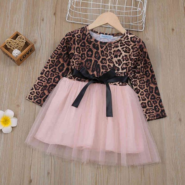 

girl's dresses girls spring autumn long sleeve leopard bow mesh patchwork princess toddler children clothes for 2-6y 0kiv, Red;yellow