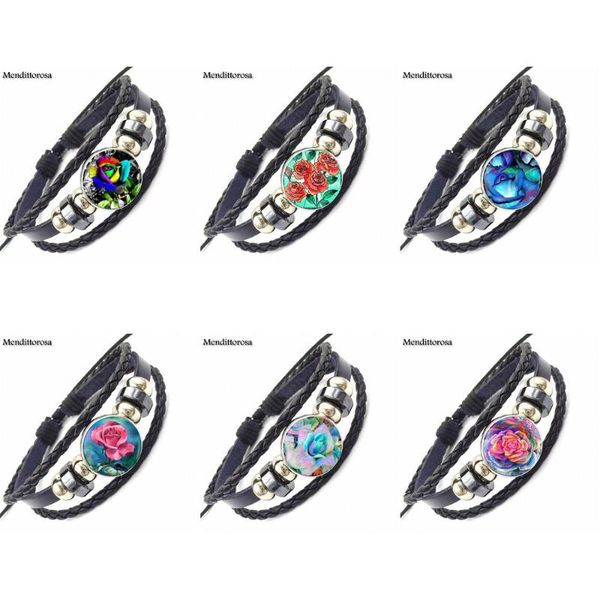 

charm bracelets ej glaze for women pink rose jewelry crystal black leather bracelet bangles cabochon glass dome handmade, Golden;silver