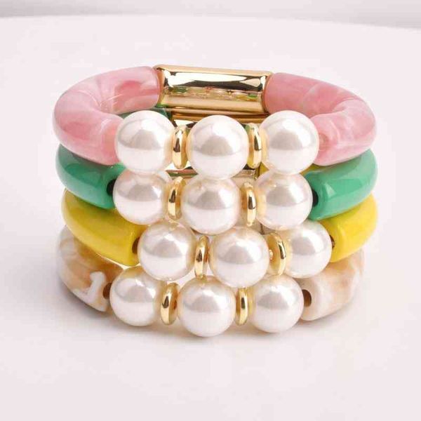 Moda Jóias Colorido Acrílico Lucite Curvo Tubo Beads Bangle Pulseira Big Bead Pearl Pulseiras Bangl 2021 Novo