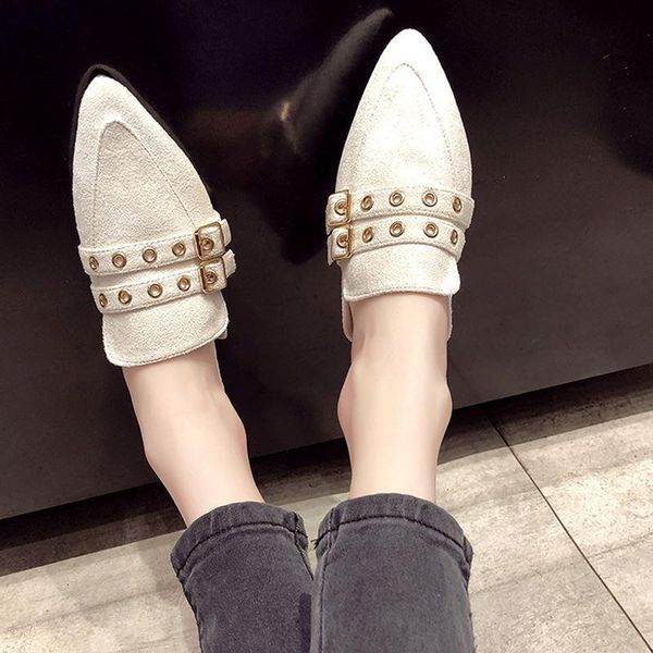 

pointed belt buckle flat bottom rivet baotou fashion women's slippers, Black