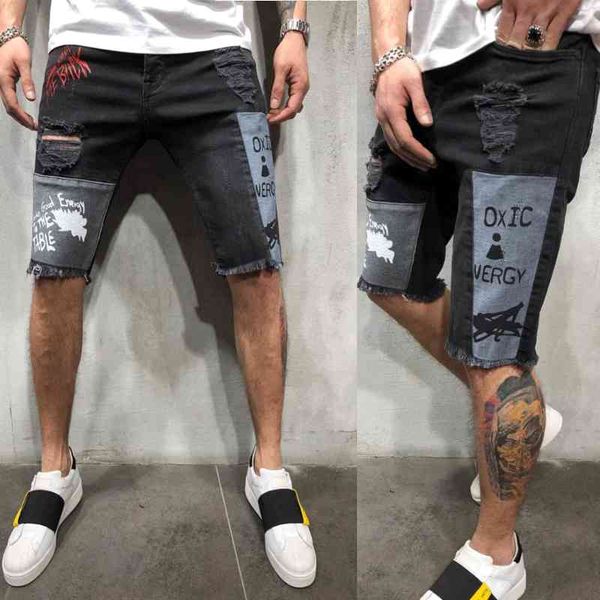 

men's jeans denim shorts with holes, slim body, printed middle pants, Blue