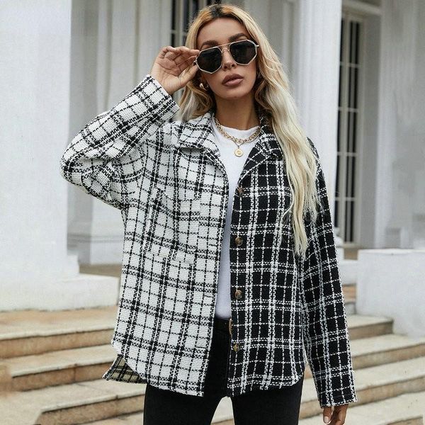 

women's jackets plaid shirt cardigan checked coats casual women black white blouse patchwork long sleeve loose autumn outerwear jacket, Black;brown