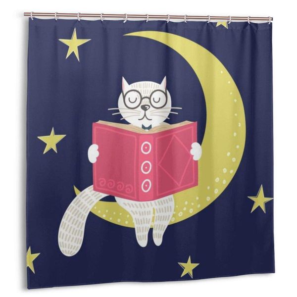 

shower curtain,sweet smart white cat reading on the moon under night starry sky bath curtain set with hooks