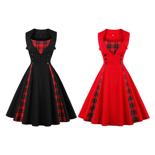 

women's sleeveless plaid dress square neckline cotton dresses, Black;gray