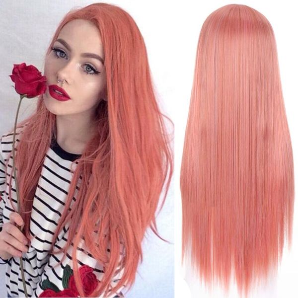 

lolita long straight pink bangs heat-resistant cute party synthetic hair cosplay wig wigs, Black