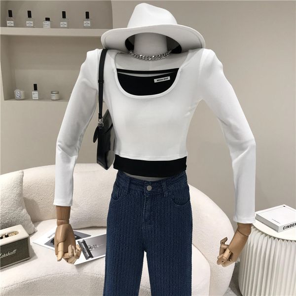 

polos female spring summer niche fashion design two contrast parts length bottom shirt, White