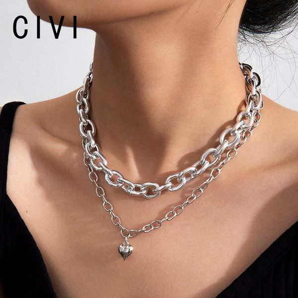

pendant necklaces civi vintage multi-layer pendants peach heart pendent thick thin chain metal choker necklace for men women minimalist, Silver