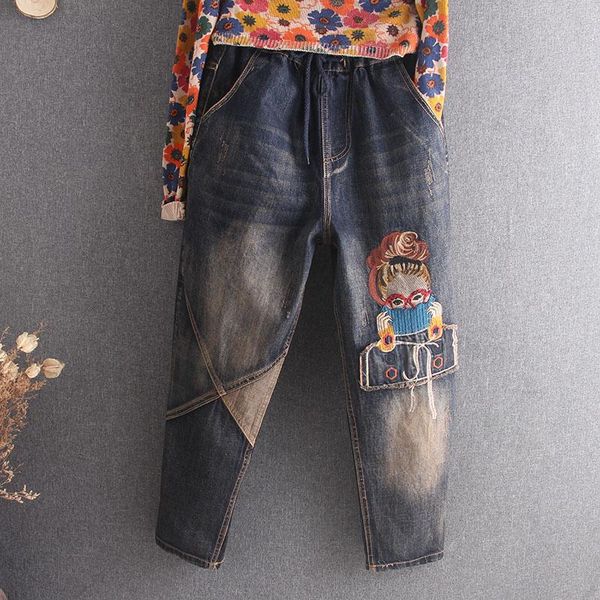 

women's jeans pretty cartoon patchwork vintage denim woman loose elastic waist bleached harem pants spring streetwearturnip trouster, Blue