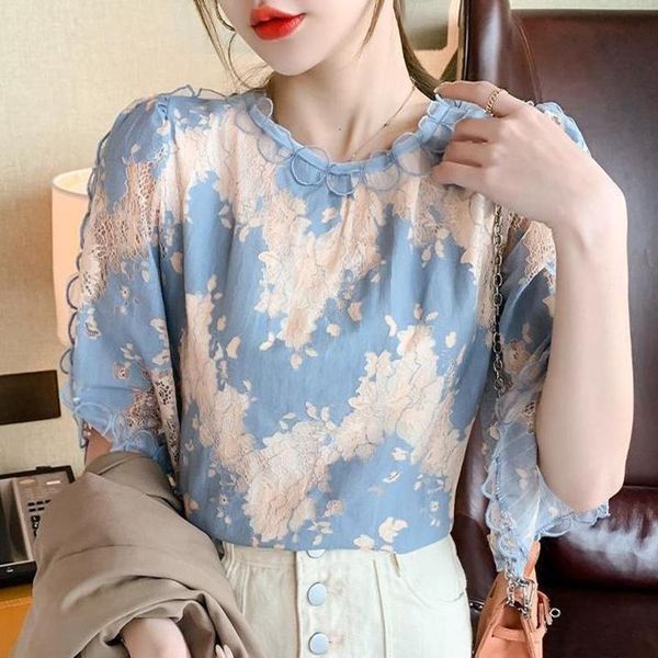 

women's blouses & shirts summer chiffon women all-match elegant lace o-neck half sleeve print loose casual aesthetic blusas mm0665, White