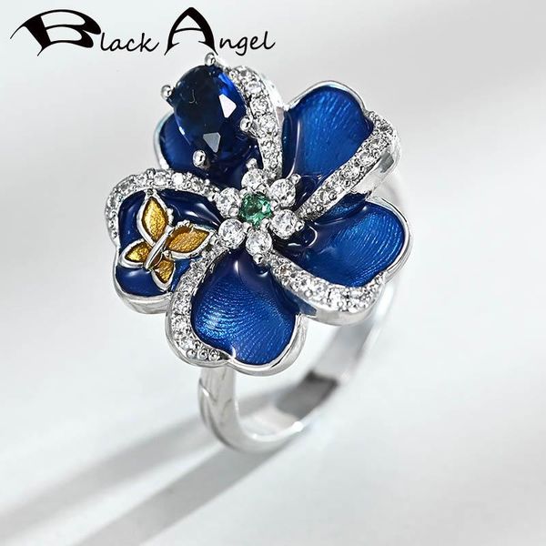 Rings de cluster Black Angel Angel Blue Plum Blum Blossom Ring 925 Silver Citrine Gemstone dedo para mulheres Jóias de moda por atacado