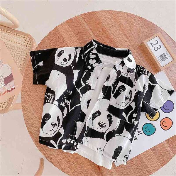 

summer kids clothes black and white cartoon panda print t shirt short turn over boys, Blue