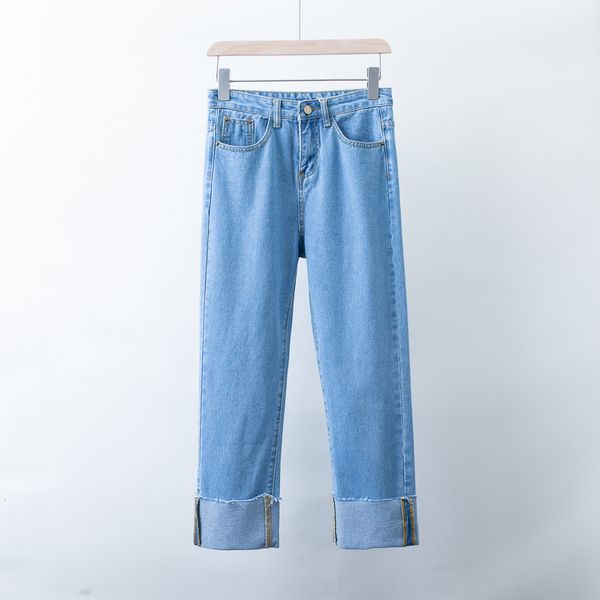 

jeans c0924 - korean fashion 19 spring women's trousers with flanged hem and versatile wide leg capris, Blue