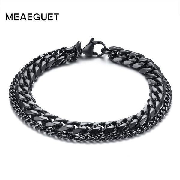 

link, chain curb cuban double chains link men bracelet stainless steel in gold silver black color 8.7" male pulseira jewelry