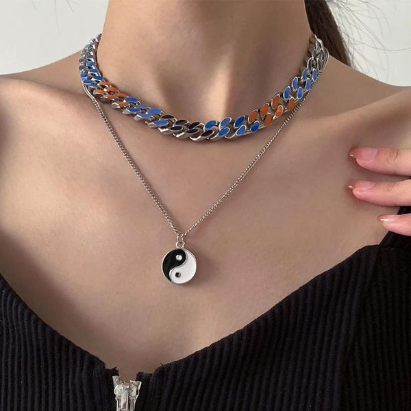 

pendant necklaces ingemark vintage adjustable colourful cuban buckle tai chi necklace women men neck chain choker aesthetic jewelry 2021, Silver