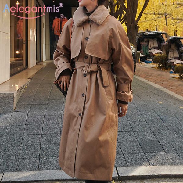 

aelegantmis women's winter long parka jackets coats women loose oversized thicken warm overcoat fur collar parkas outwear 210607, Black