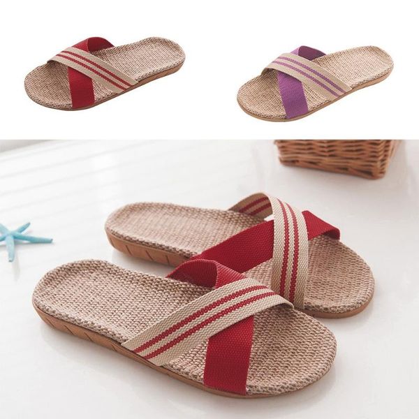 

slippers women shoes summer women's rope flat cross-tied anti-slip linen home indoor open toe beach shoes#0304, Black