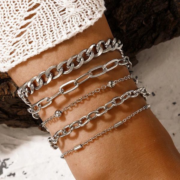 

charm bracelets tocona 5pcs/sets ins thick chain for women charms silver color alloy metal hollow geometry adjustable jewelry 19596, Golden;silver