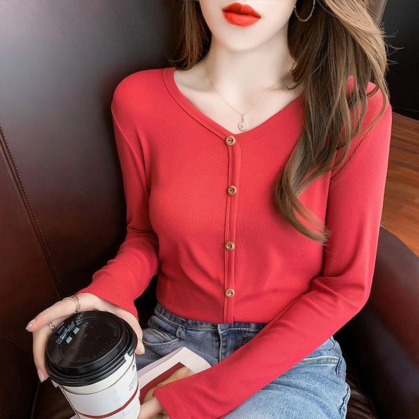

women's t-shirt ## v-neck pullover long sleeve pure color casual versatile bottoming top, White