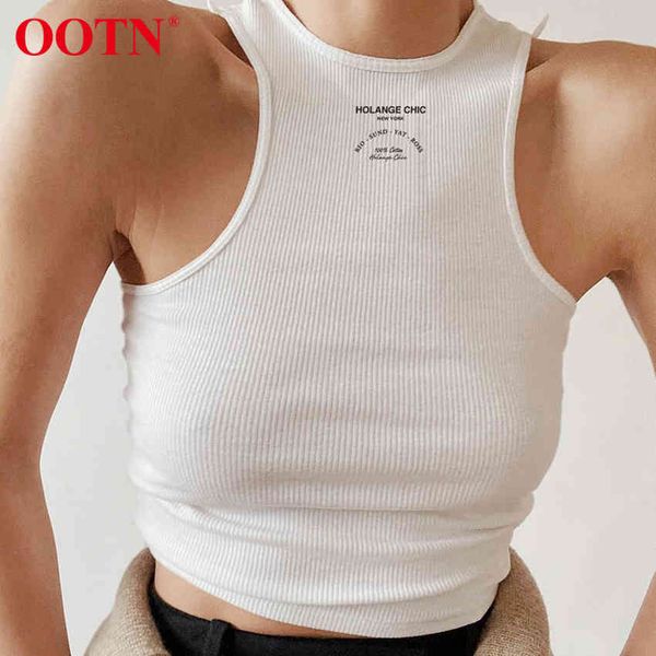

ootn white casual summer crop knitting letter print women tank sleeveless short female slim vest black cotton 210413