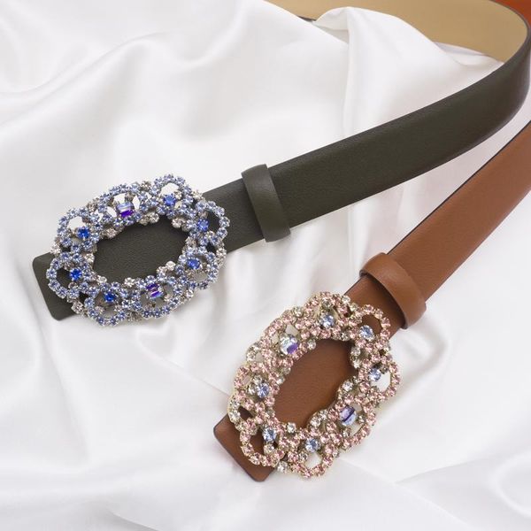 

belts elegant light luxury rhinestone oval buckle two-color belt plain cowhide both sides decorate trouser with women's mora, Black;brown