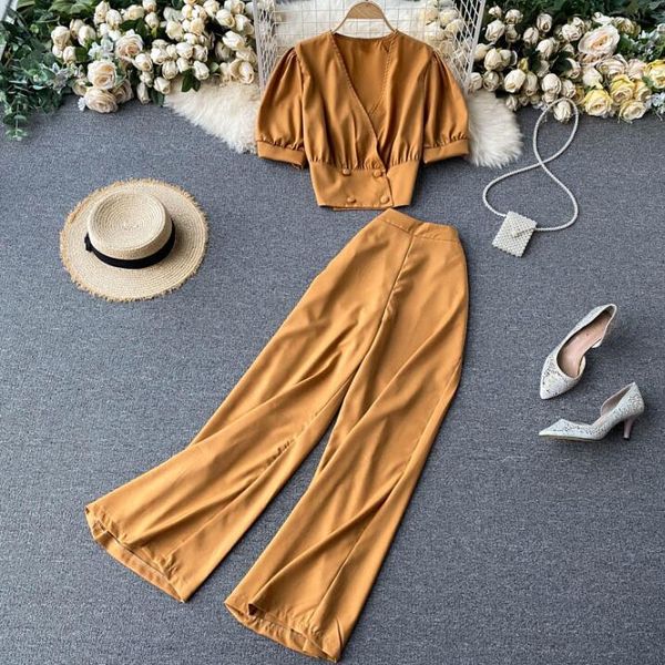 

women's two piece pants vintage women 2pcs set autumn v-neck short sleeve and wide leg high waist female green/yellow/red suit ft9, White