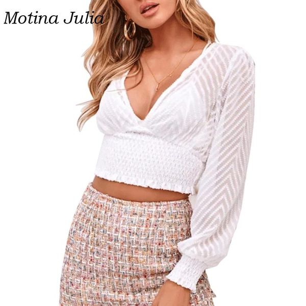 

women's blouses & shirts motina julia see through lace blouse shirt women deep v neck patchwork cropped party club streetwear fema, White