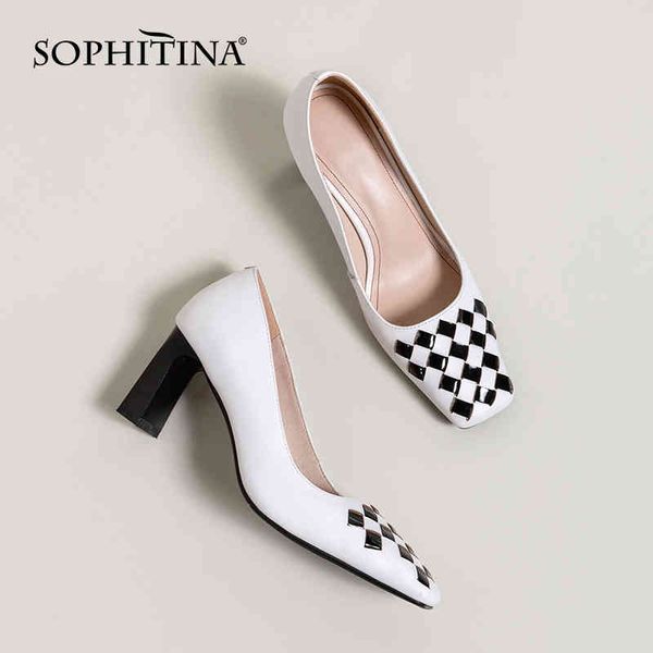 

sophitina fashion checkerboard women's shoes thick heel square toe shoes tpr black white color matching daily female pumps ao244 210513