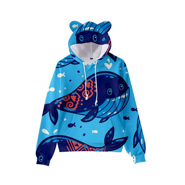 

blue whale print cute boy girl clothes hooded 3d printing hooded sweater autumn early winter ears hooded pullover, Black