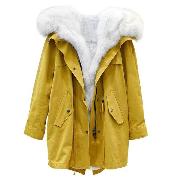 

women's fur & faux 2021 women winter fashion real rex lining detachable jacket outwear parkas, Black