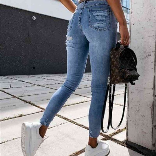 

blue light jeans hole fit little feet tall waist women washed thin street button wild 2021 fashion ht201