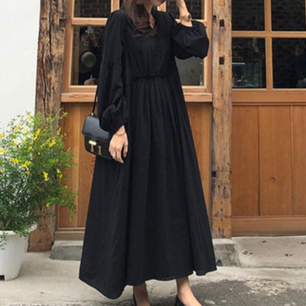

casual dresses spring fashion temperament women loose solid color elastic waist lantern sleeve v-neck dress u398, Black;gray