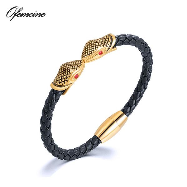 

charm bracelets luxury genuine leather double snake bracelet for men stainless steel punk bangles mens jewellery japanese 2021, Golden;silver