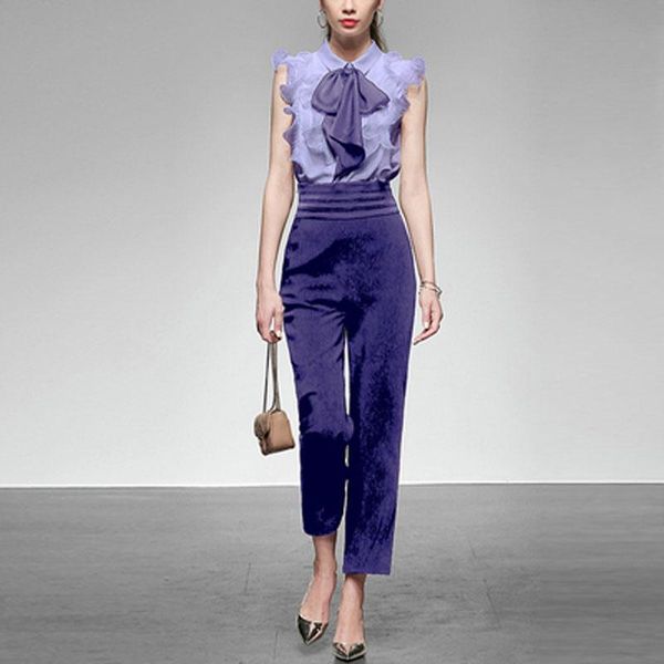 

women summer elegant designers runway sets fashion lady office party outfits ruffles purple shirt and pants suits 2 piece women's two, White