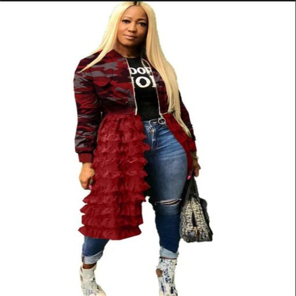 

women's jackets women/girl stand collar camouflage print net yarn splicing long sleeve zipper jacket european and american style loose, Black;brown