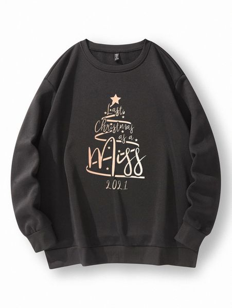 

plus christmas tree & slogan graphic thermal pullover a0l9#, Black