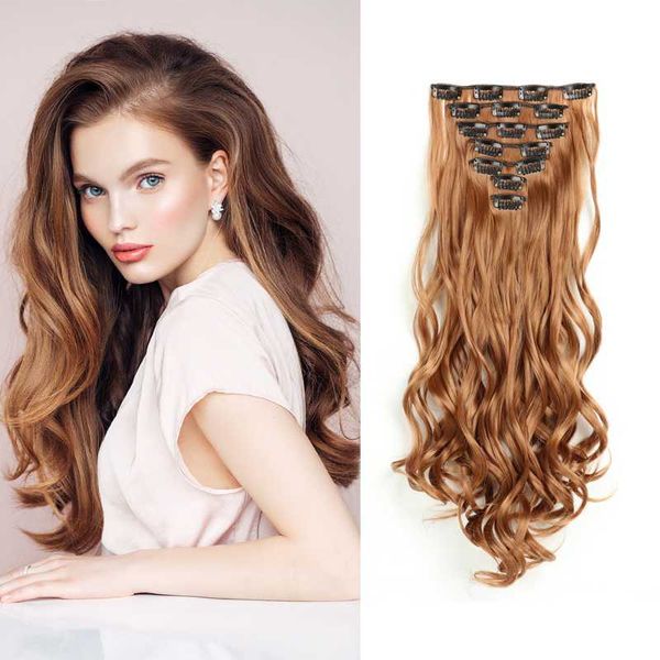 

synthetic wigs clip in hair long wavy 7pcs set 22 inches 130g fake heat resistant ins for women, Black
