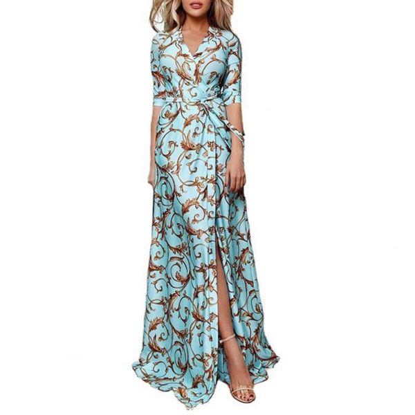 

casual dresses vintage women maxi dress printed v neck 3/4 sleeve waist tied split formal fashion slim long evening party, Black;gray