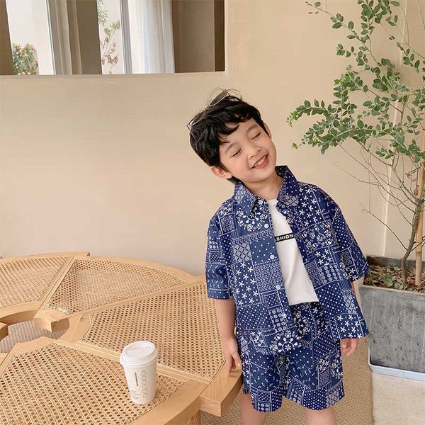 

boys summer cool vacation style suit short sleeve shirts and shorts 2pcs set kids casual loose thin clothes 210615, White