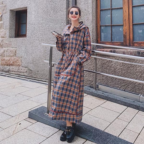 

women's trench coats plaid windbreaker long section2021spring autumn hooded korean loose straight single-breasted fashion coat yy3, Tan;black