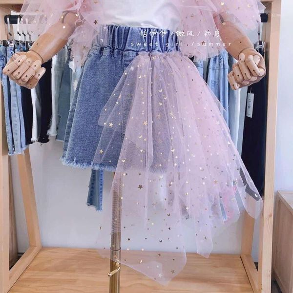 

girls denim skirt 2021 summer foreign mesh gauze a-line skirts, Blue