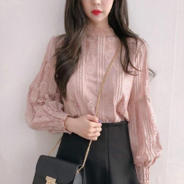 

autumn fashion lace floral womens shirt long sleeve casual loose solid, White