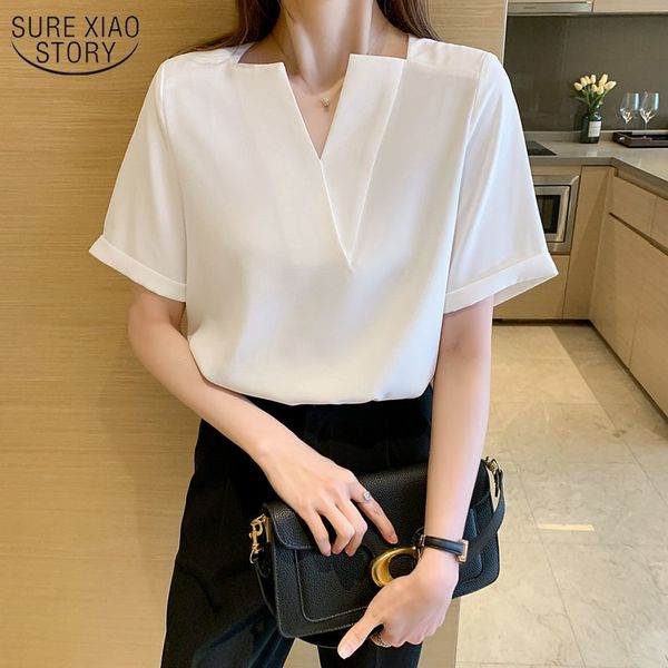 

v collar short-sleeved chiffon blouse women white shirt female ol and blusas 14271 210508