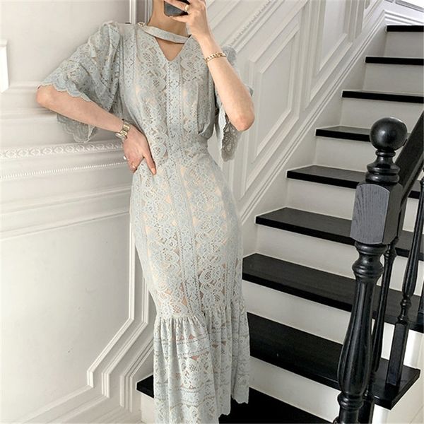 

comelstreetwear femme ol sweet mermaid vintage lace slim trumpets retro all match long dresses vestidos 210515, Black;gray