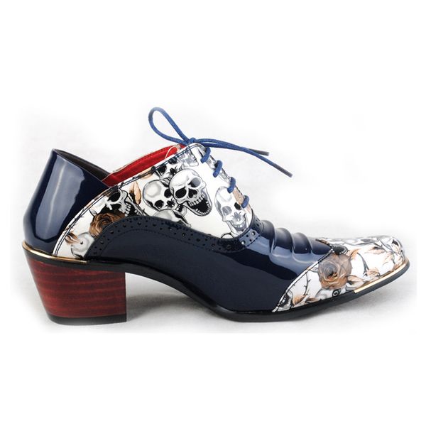 

464748 size trendy high heels mens british korean printed skull casual leather shoes chunky heel height increasing business banquet shoes, Black