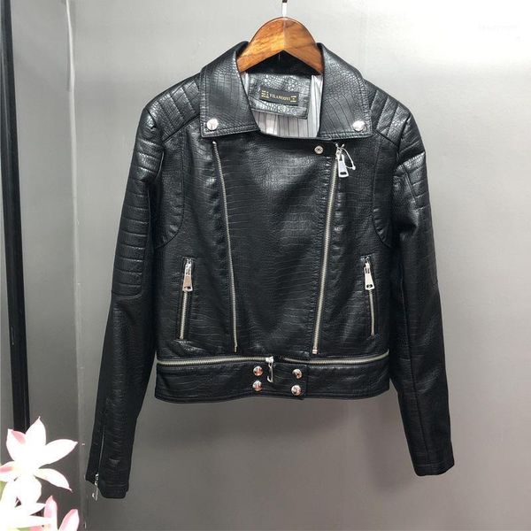 

women autumn motorcycle faux leather jackets lady slim fit short biker streetwear pu zippers outerwear female coats women's &, Black
